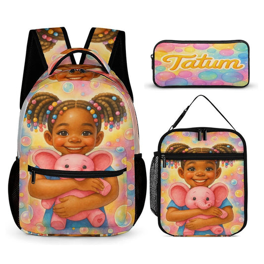 3-piece pastel kids backpack set featuring smiling African American girl with pigtails and pink elephant, includes schoolbag, lunchbox, and pencil pouch.