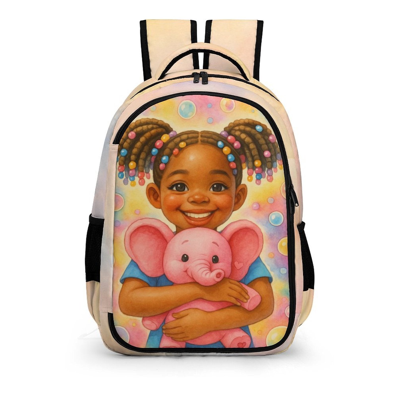 Tatum Love Bundle backpack featuring smiling African American girl hugging a pink elephant plush on colorful pastel background