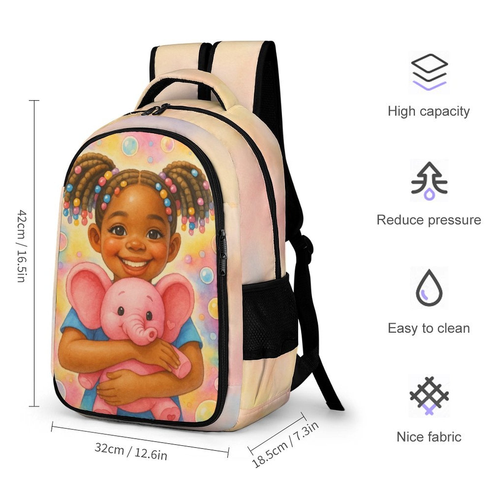 Durable polyester kids backpack with colorful Tatum Love Bundle print, adjustable padded straps, and multiple storage compartments, easy to clean