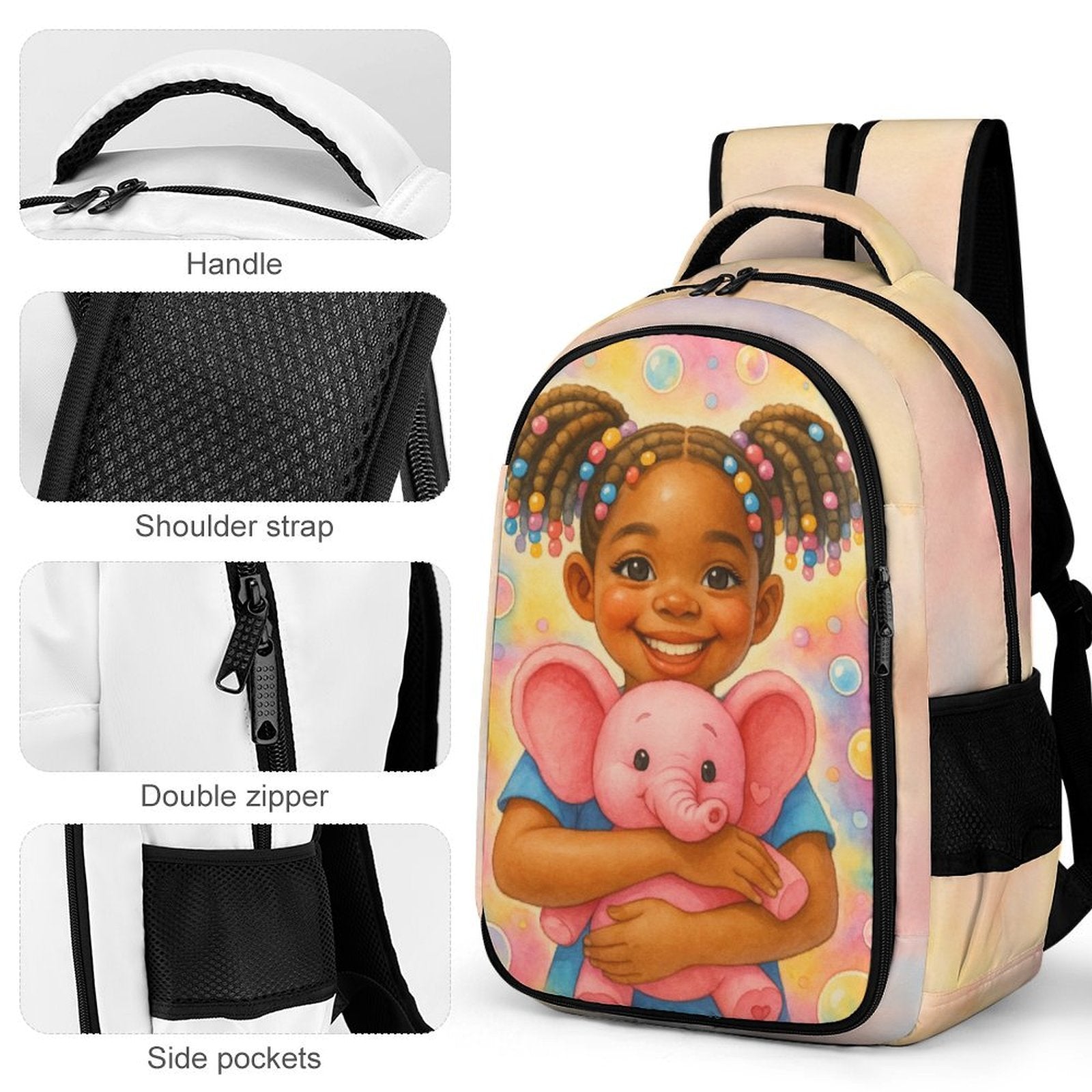 Durable polyester kids backpack with colorful Tatum Love Bundle print, adjustable padded straps, and multiple storage compartments