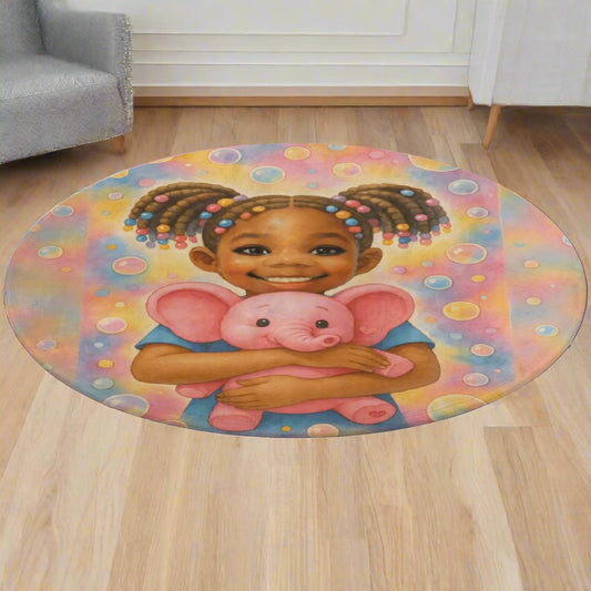 Round coral fleece rug featuring smiling African American girl with pigtails and a pink elephant on a soft pastel bubble background.