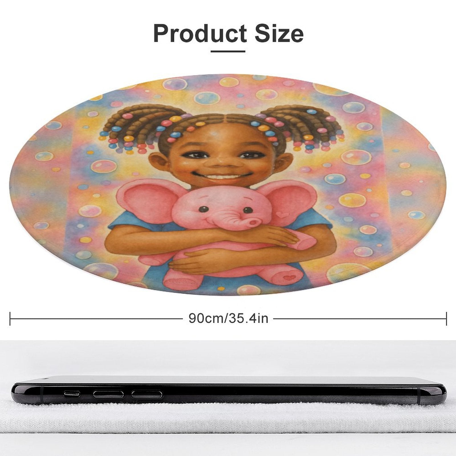 Round coral fleece rug featuring smiling African American girl with pigtails and a pink elephant on a soft pastel bubble background.