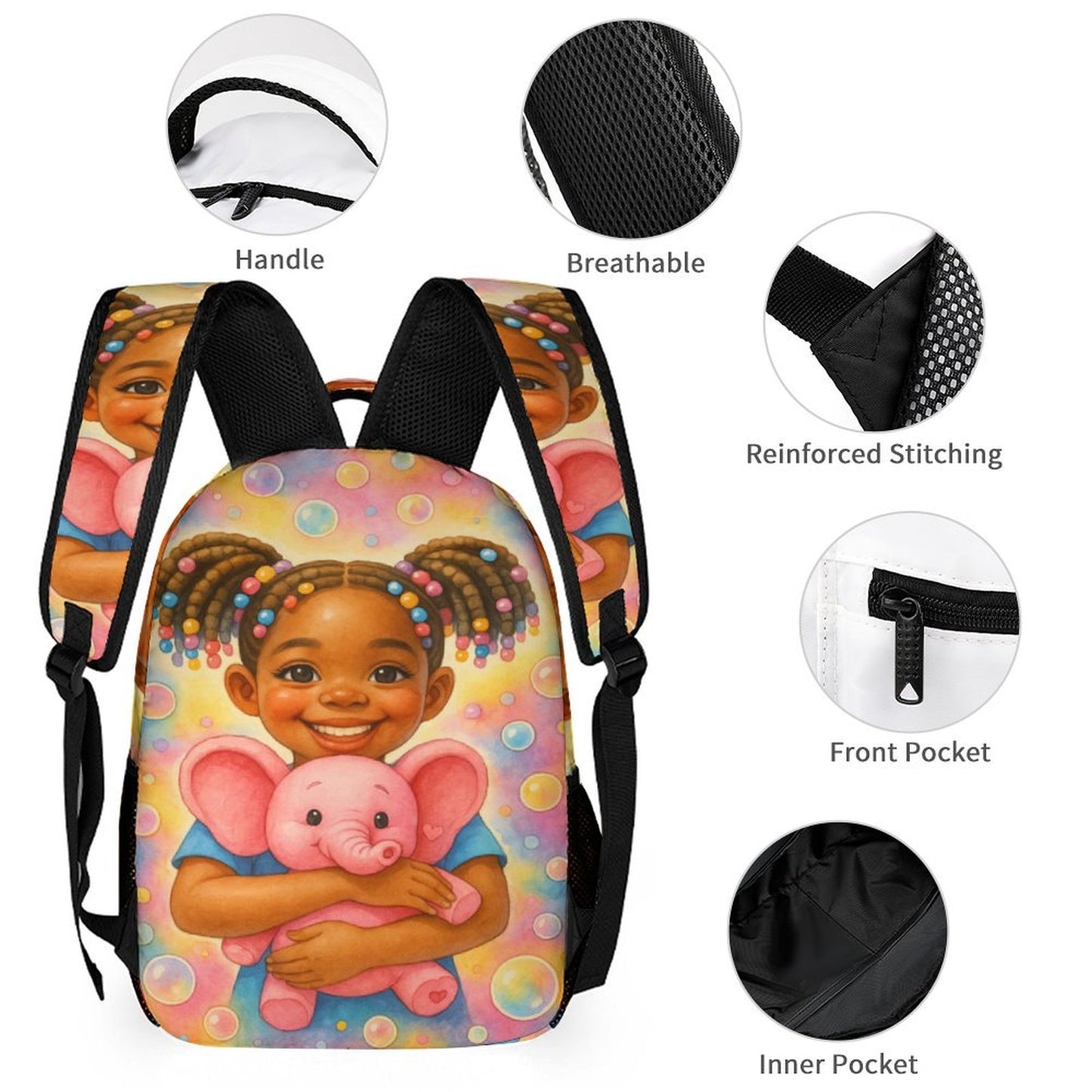 3-piece pastel kids backpack set featuring smiling African American girl with pigtails and pink elephant, includes schoolbag, lunchbox, and pencil pouch.