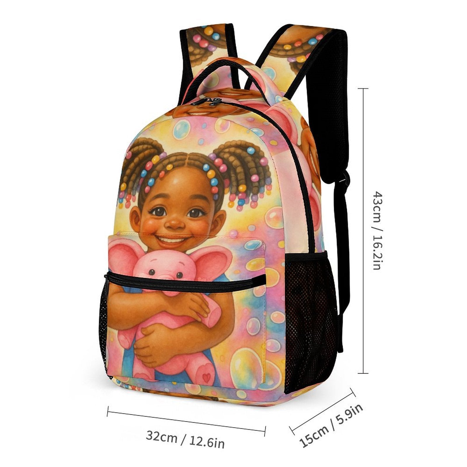 3-piece pastel kids backpack set featuring smiling African American girl with pigtails and pink elephant, includes schoolbag, lunchbox, and pencil pouch.