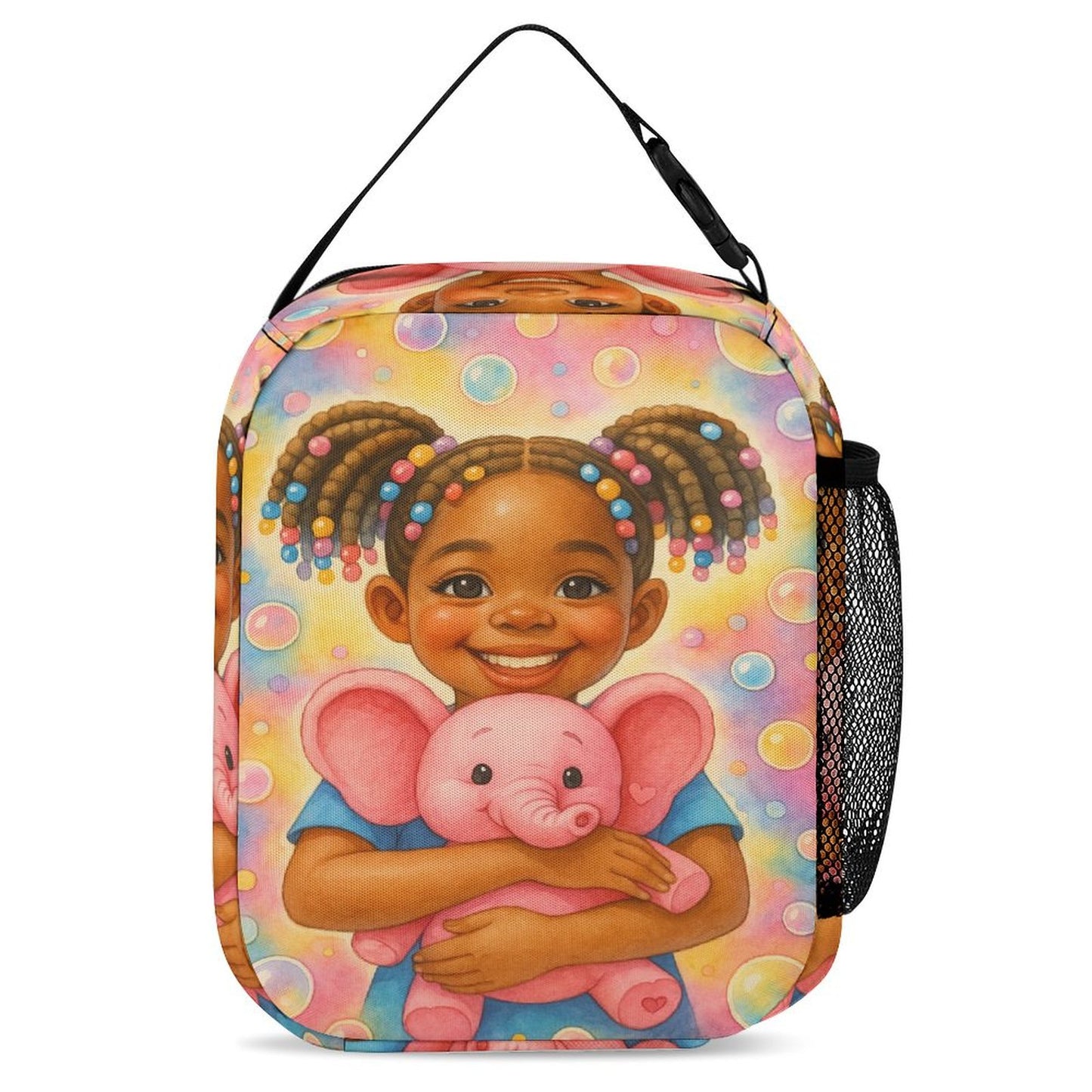 3-piece pastel kids backpack set featuring smiling African American girl with pigtails and pink elephant, includes schoolbag, lunchbox, and pencil pouch.