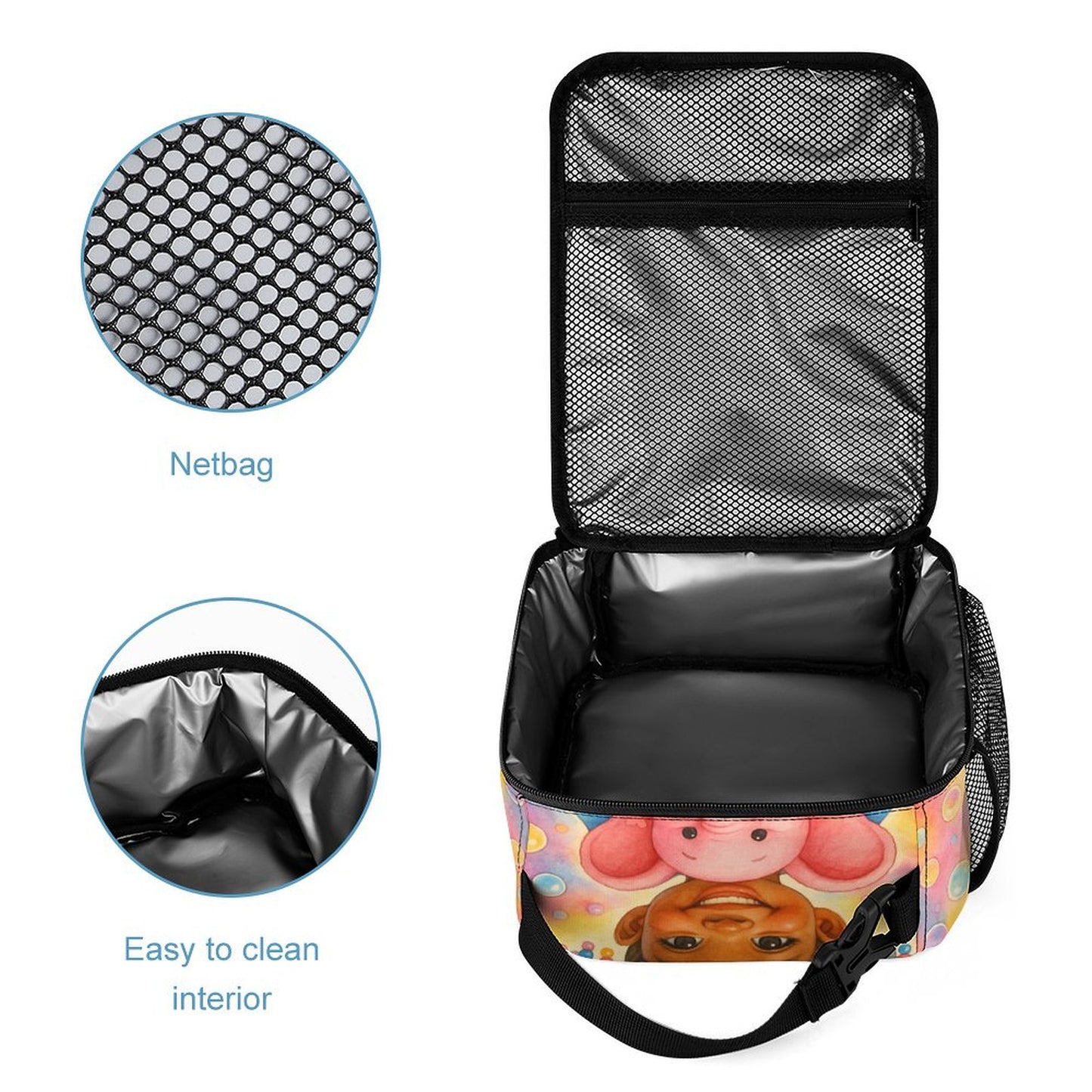 3-piece pastel kids backpack set featuring smiling African American girl with pigtails and pink elephant, includes schoolbag, lunchbox, and pencil pouch.