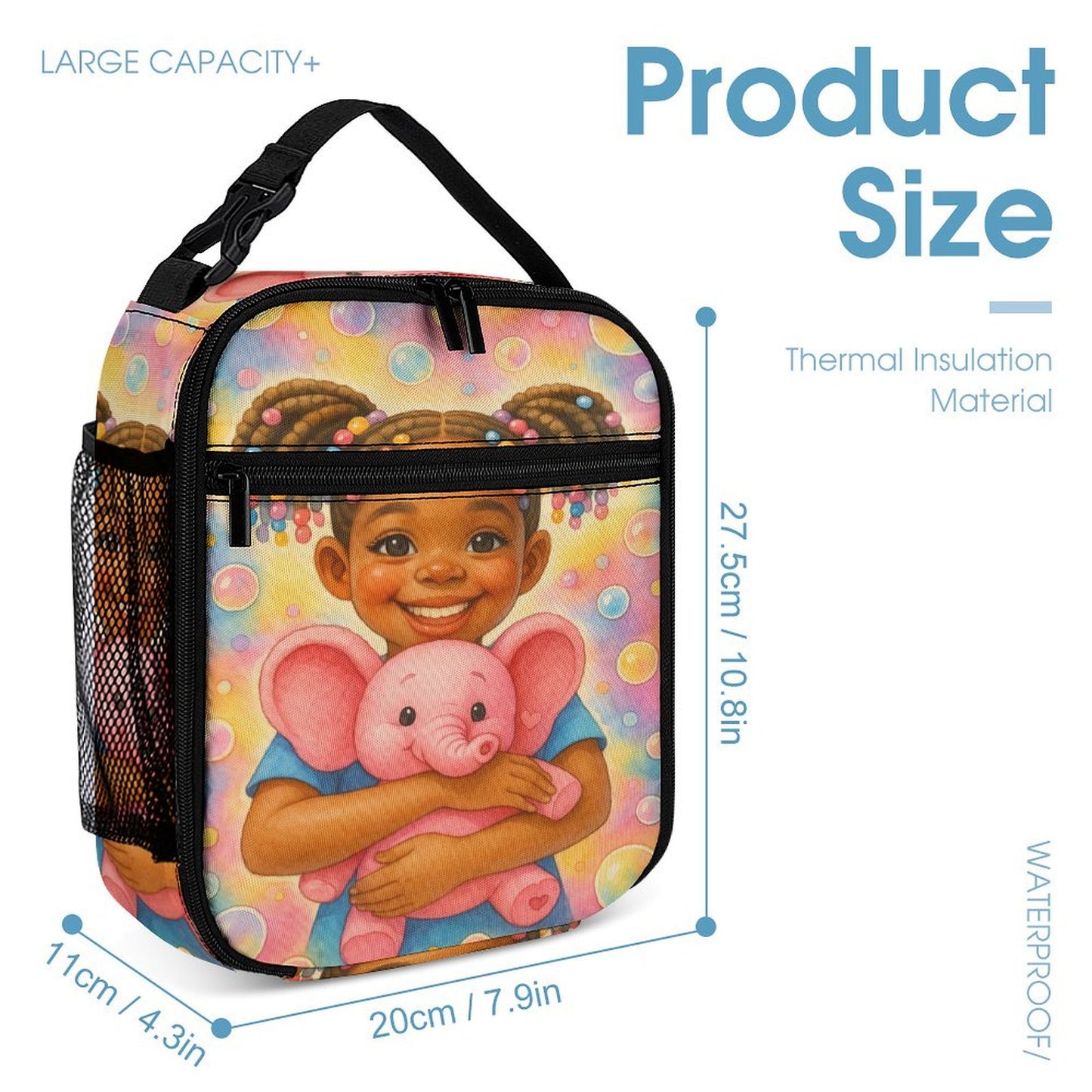 3-piece pastel kids backpack set featuring smiling African American girl with pigtails and pink elephant, includes schoolbag, lunchbox, and pencil pouch.