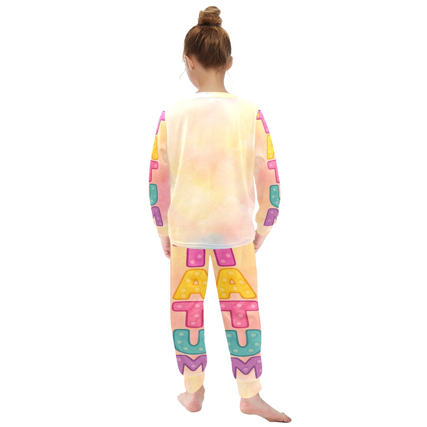 Long sleeve pastel kids pajama set featuring smiling African American girl with pigtails and pink elephant, plus colorful Tatum name design.