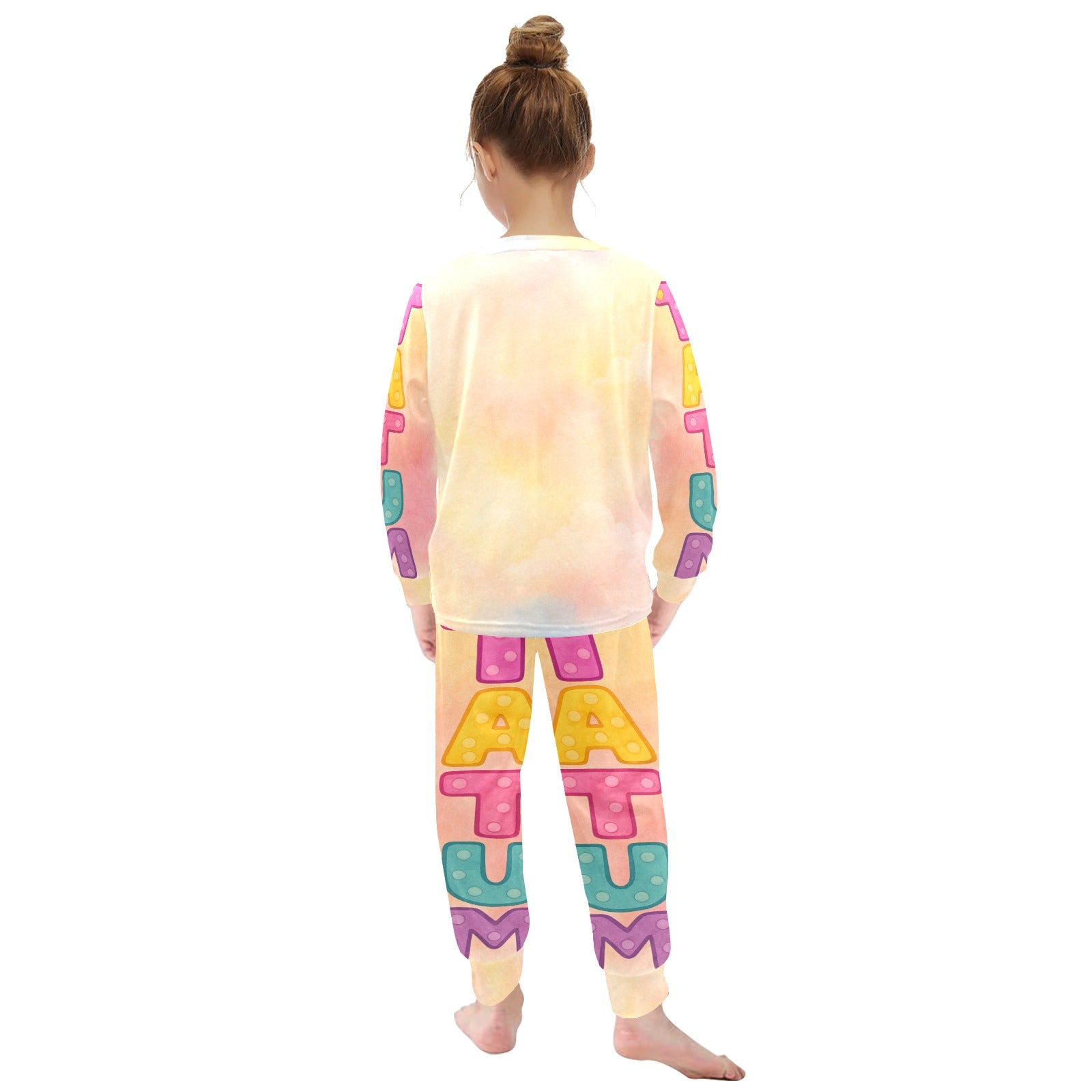 Long sleeve pastel kids pajama set featuring smiling African American girl with pigtails and pink elephant, plus colorful Tatum name design.