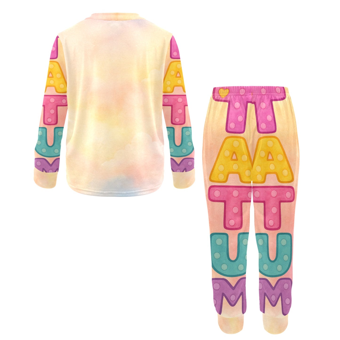 Long sleeve pastel kids pajama set featuring smiling African American girl with pigtails and pink elephant, plus colorful Tatum name design.