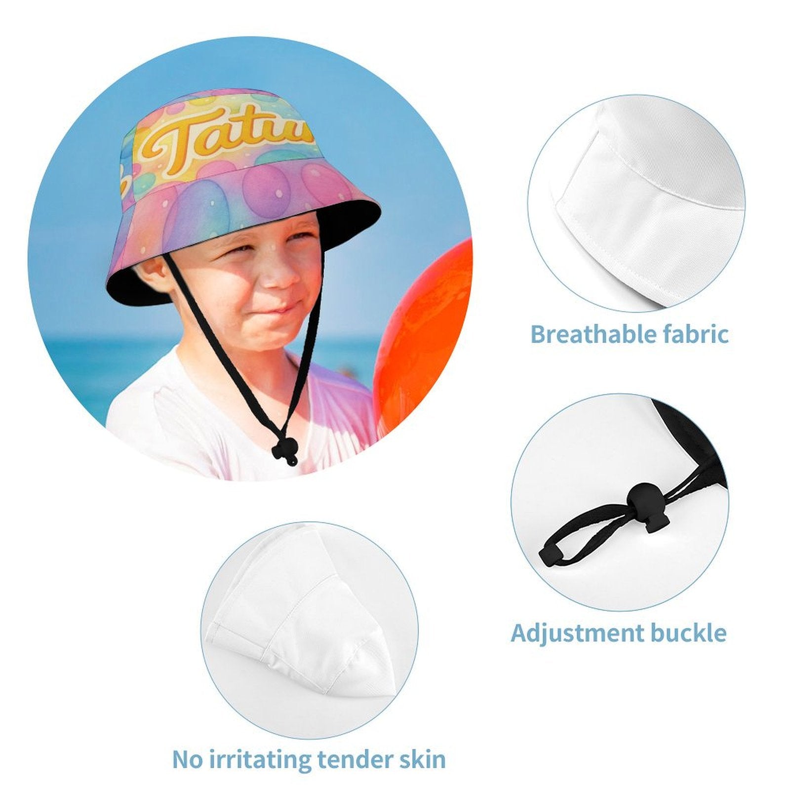 Pastel kids bucket hat with Tatum’s name in yellow script on a watercolor bubble background, featuring chin strap and foldable design.