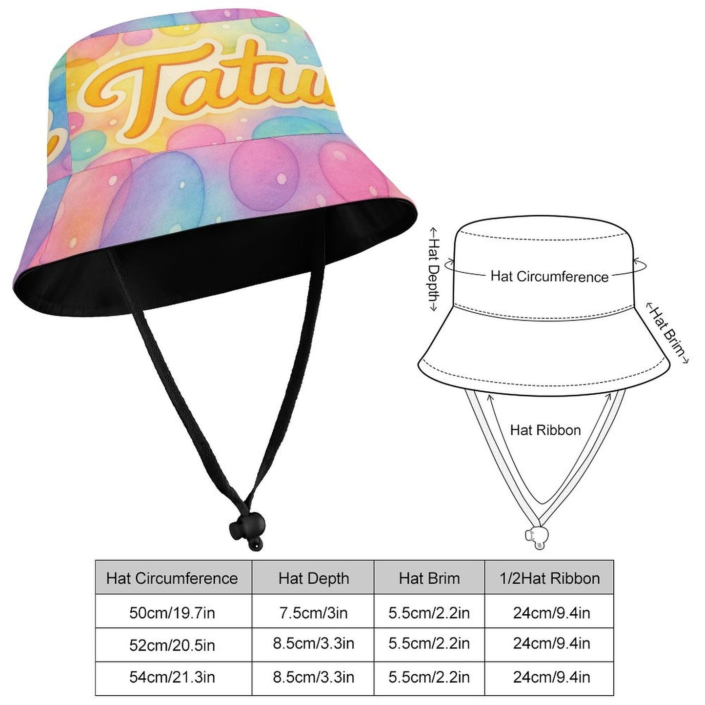 Pastel kids bucket hat with Tatum’s name in yellow script on a watercolor bubble background, featuring chin strap and foldable design.
