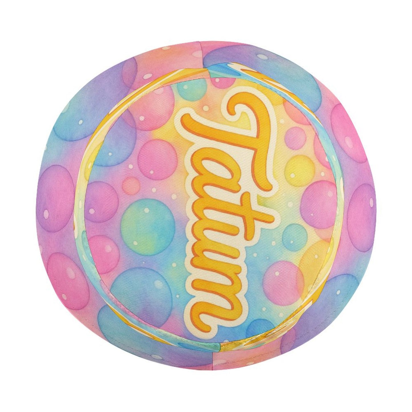Pastel kids bucket hat with Tatum’s name in yellow script on a watercolor bubble background, featuring chin strap and foldable design.