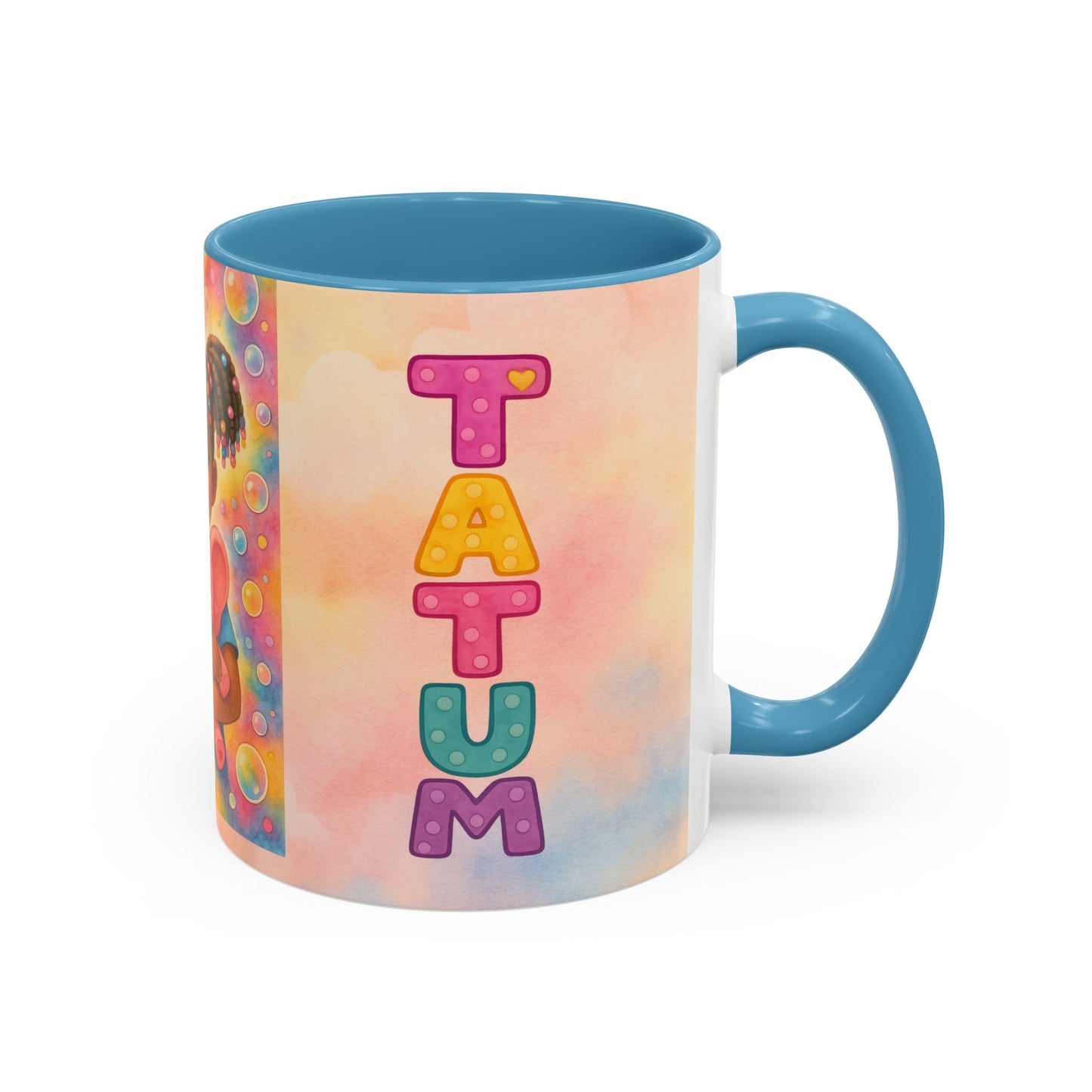 Pastel kids ceramic mug featuring smiling African American girl with pigtails and a pink elephant, with colorful Tatum name design on reverse.