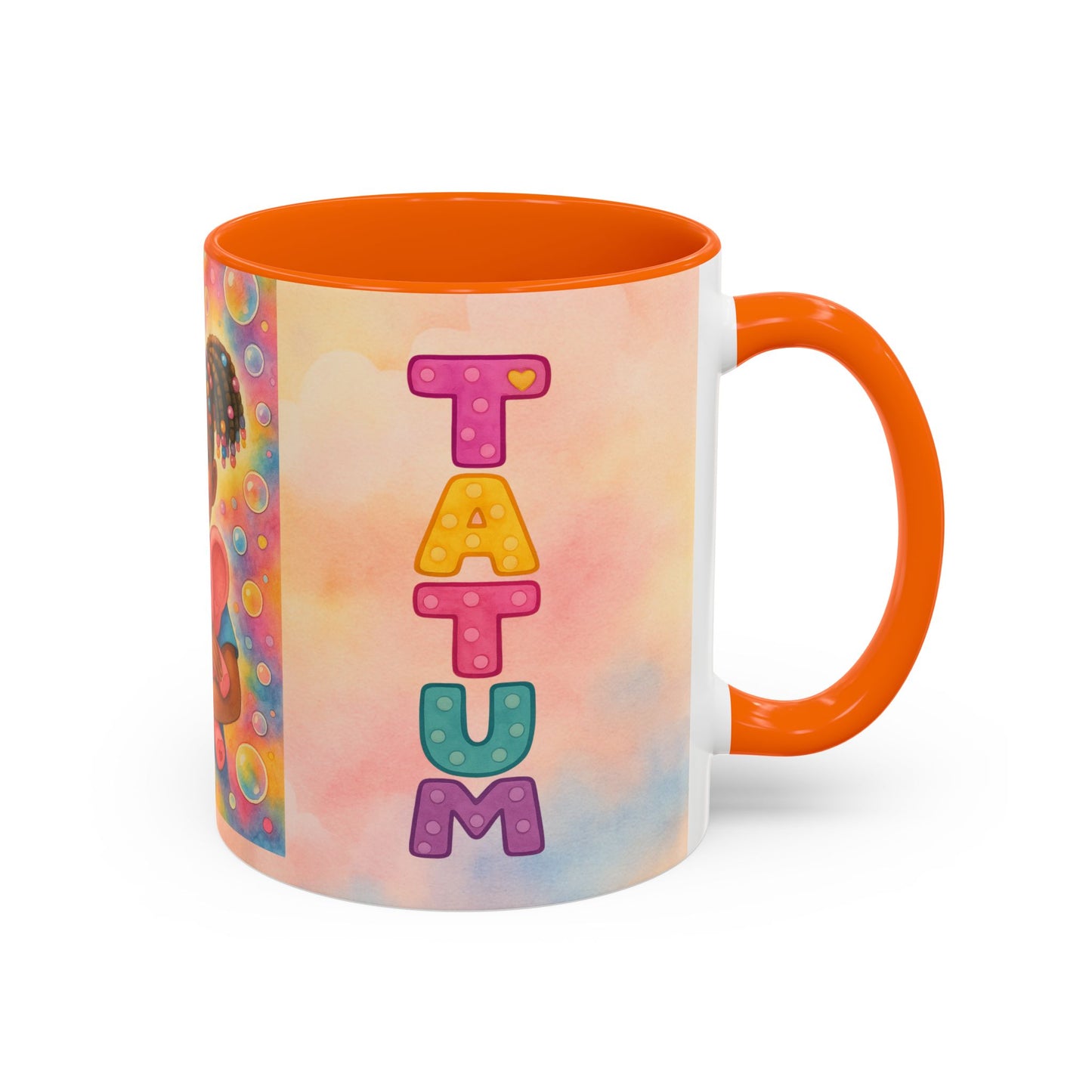 Pastel kids ceramic mug featuring smiling African American girl with pigtails and a pink elephant, with colorful Tatum name design on reverse.