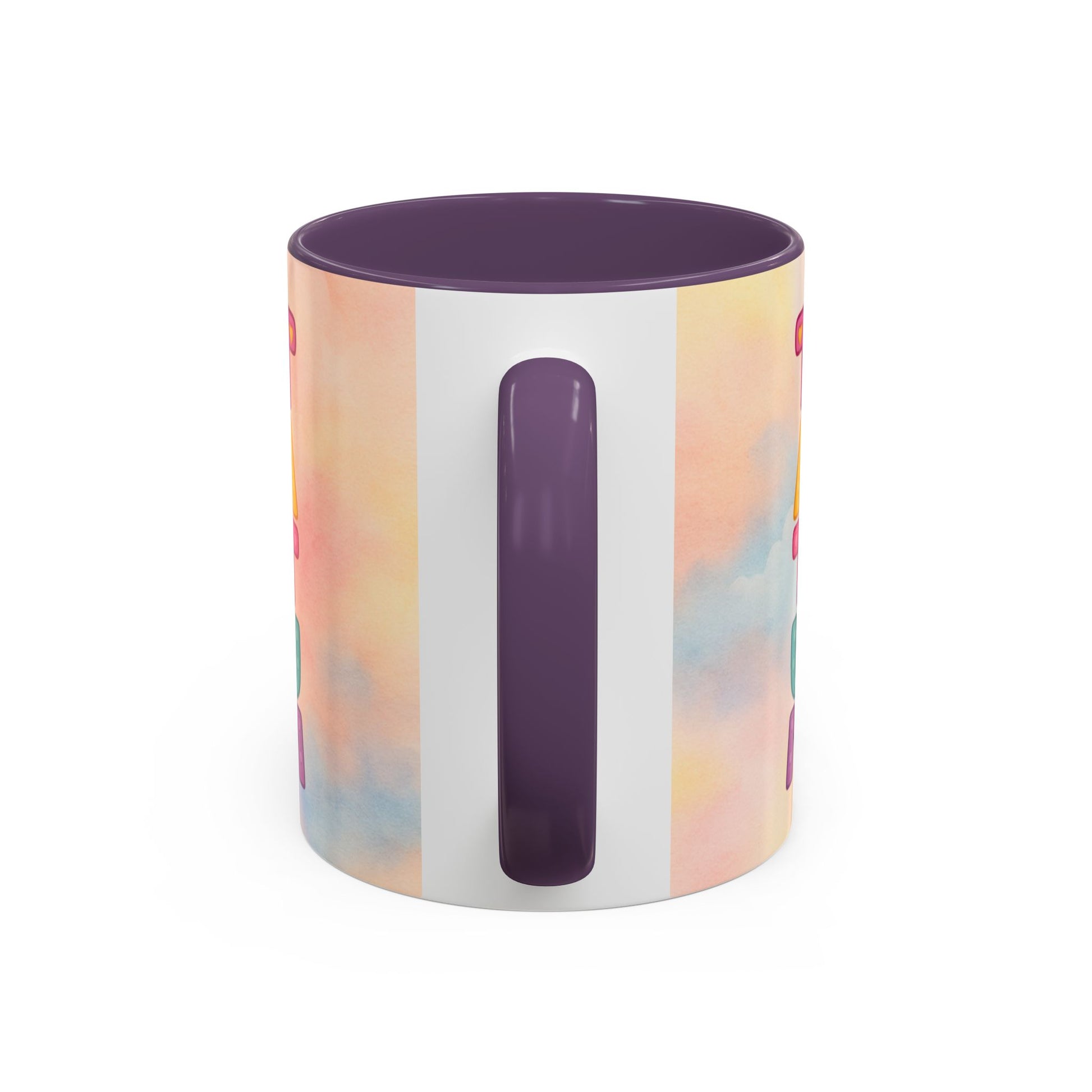 Pastel kids ceramic mug featuring smiling African American girl with pigtails and a pink elephant, with colorful Tatum name design on reverse.