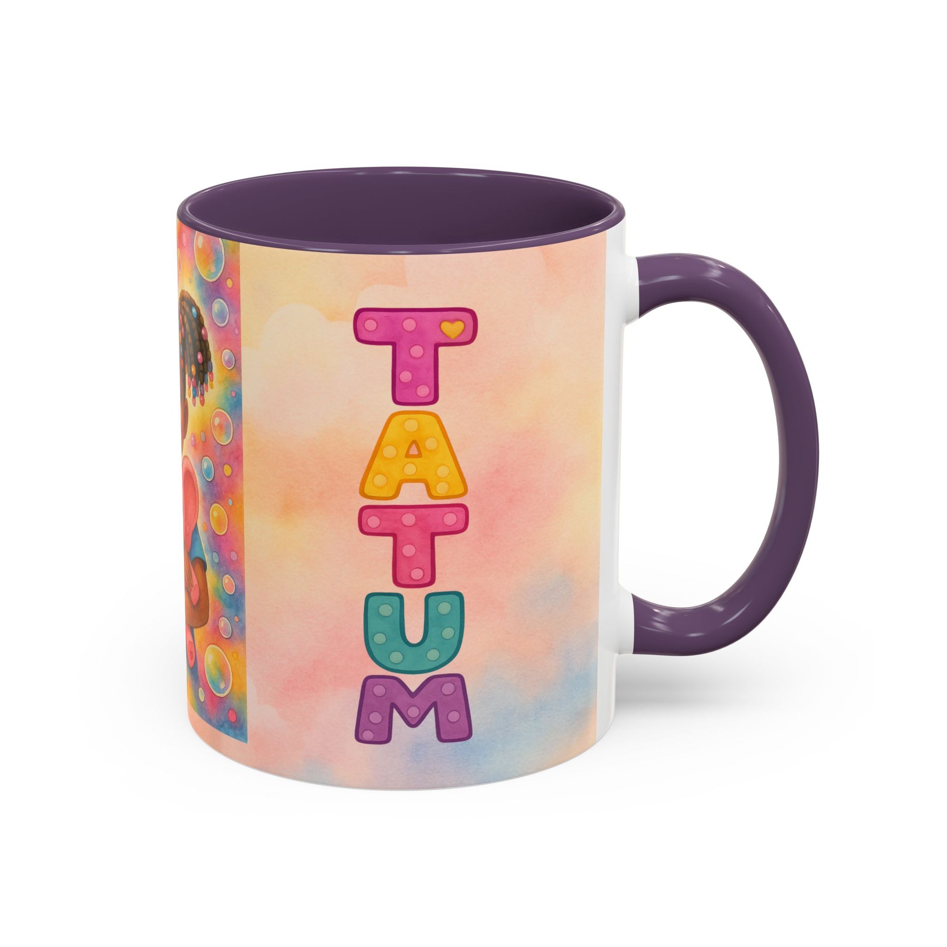 Pastel kids ceramic mug featuring smiling African American girl with pigtails and a pink elephant, with colorful Tatum name design on reverse.
