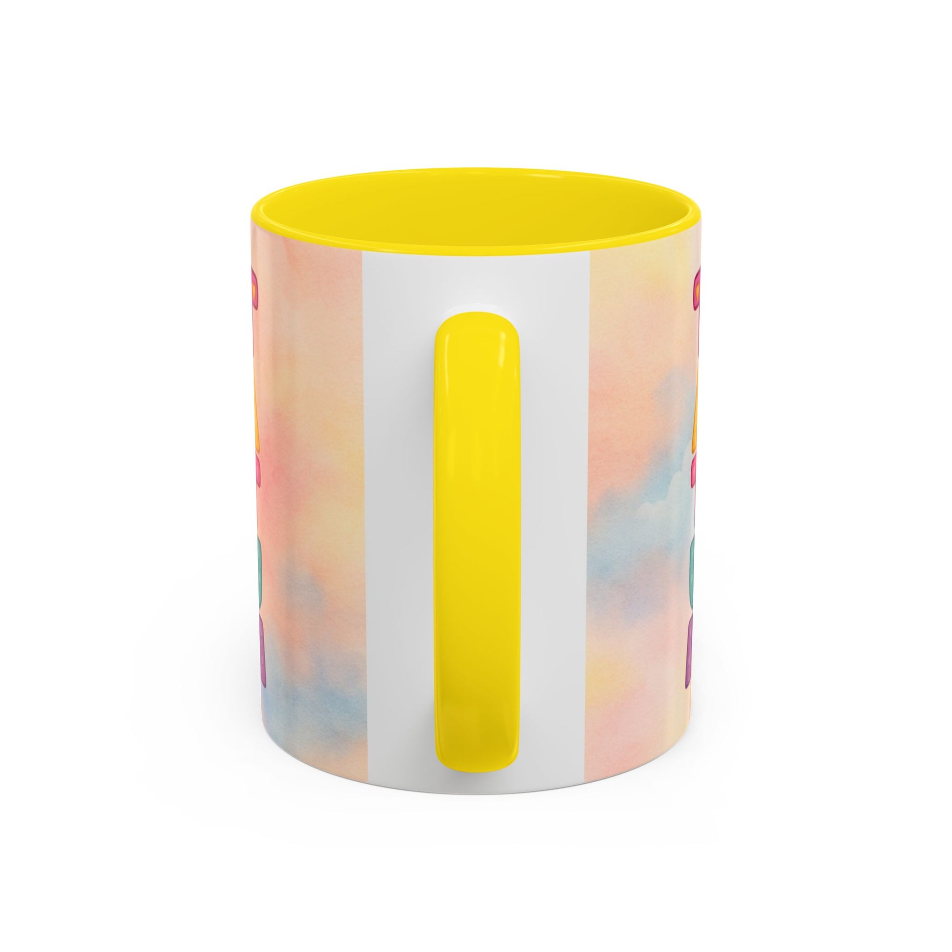 Pastel kids ceramic mug featuring smiling African American girl with pigtails and a pink elephant, with colorful Tatum name design on reverse. Yellow