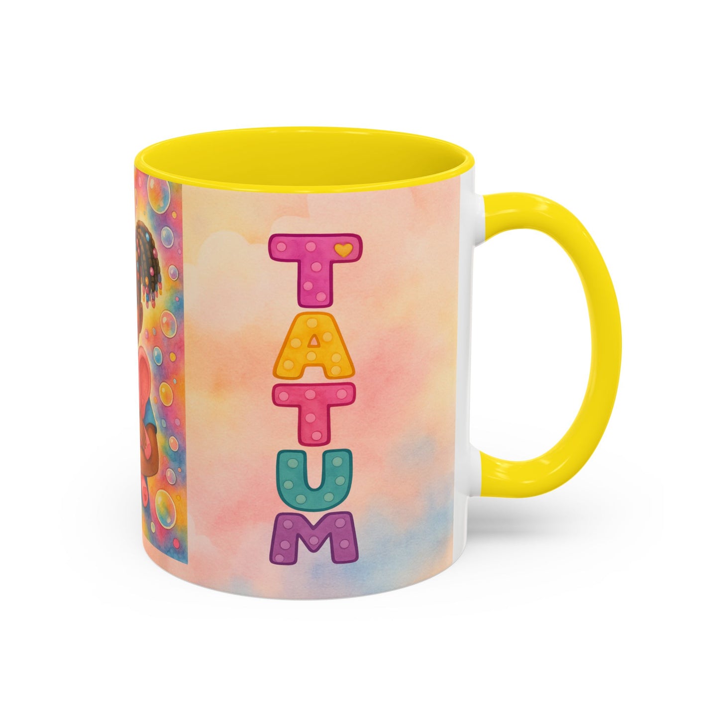 Pastel kids ceramic mug featuring smiling African American girl with pigtails and a pink elephant, with colorful Tatum name design on reverse.
