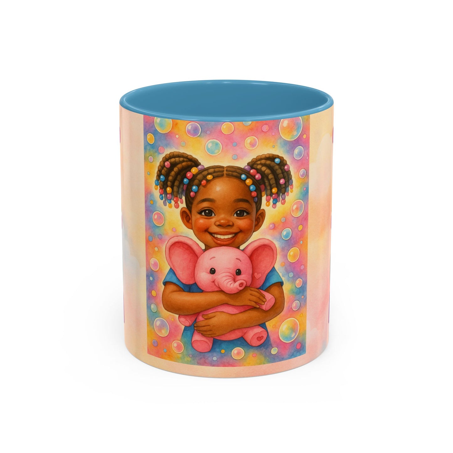 Pastel kids ceramic mug featuring smiling African American girl with pigtails and a pink elephant, with colorful Tatum name design on reverse. Blue