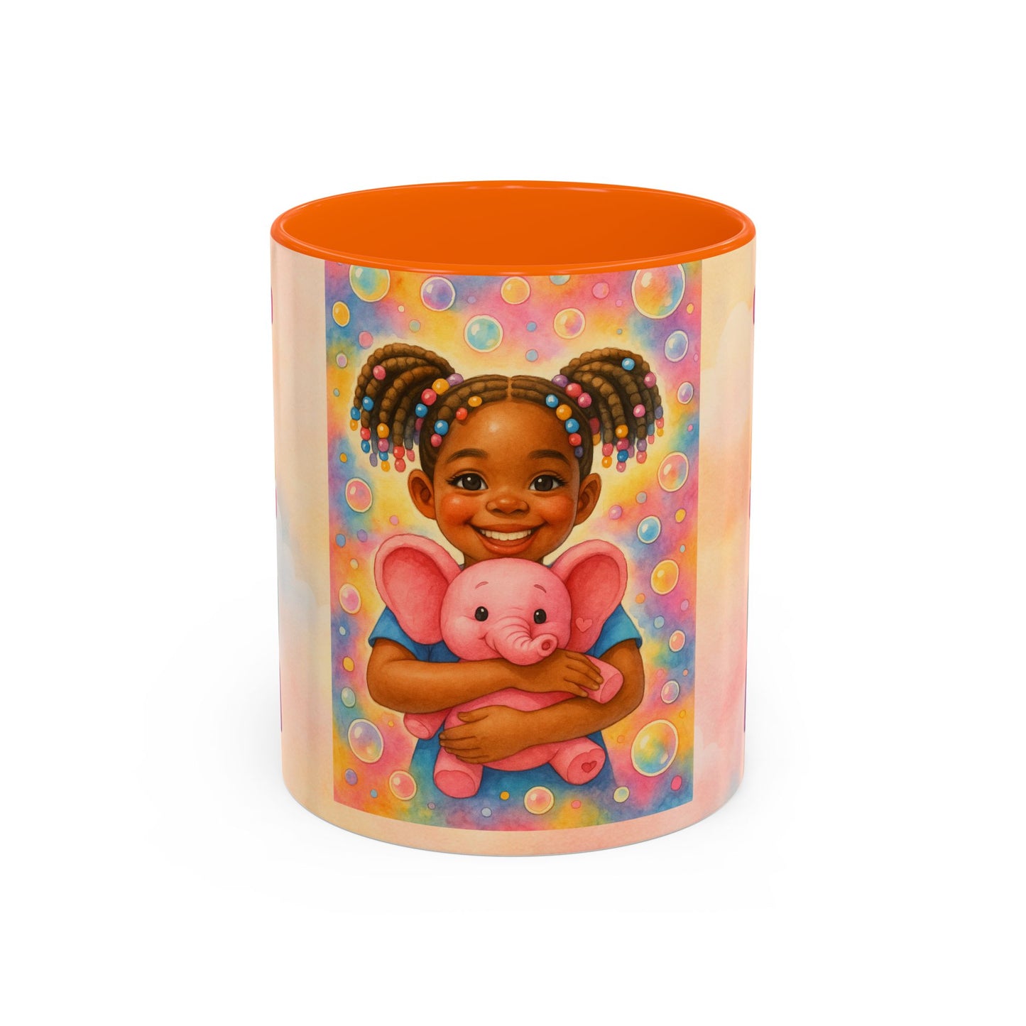 Pastel kids ceramic mug featuring smiling African American girl with pigtails and a pink elephant, with colorful Tatum name design on reverse. Orange