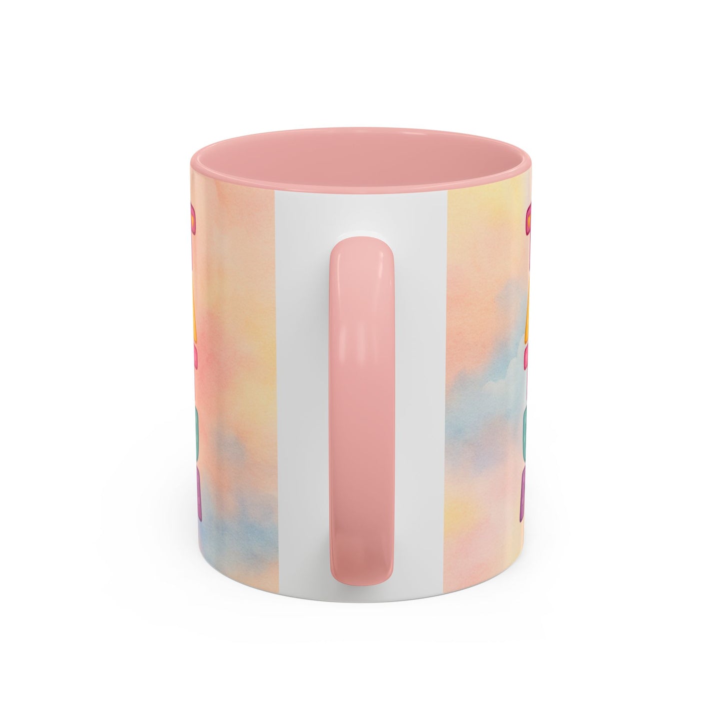 Pastel kids ceramic mug featuring smiling African American girl with pigtails and a pink elephant, with colorful Tatum name design on reverse. pink
