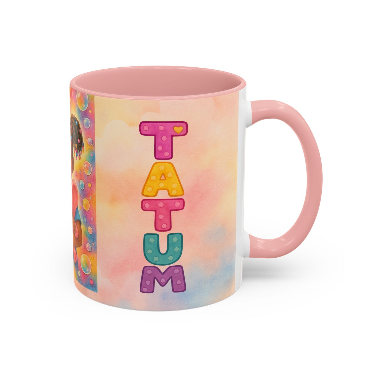 Pastel kids ceramic mug featuring smiling African American girl with pigtails and a pink elephant, with colorful Tatum name design on reverse.