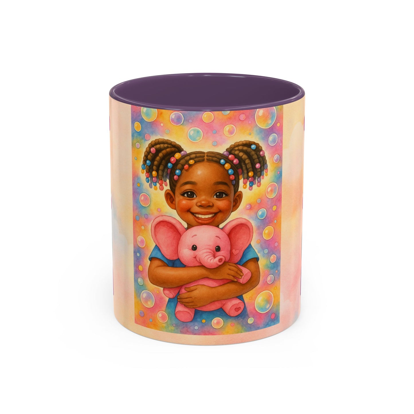 Pastel kids ceramic mug featuring smiling African American girl with pigtails and a pink elephant, with colorful Tatum name design on reverse. Purple