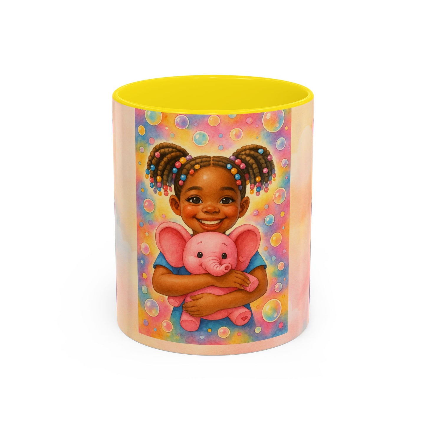 Pastel kids ceramic mug featuring smiling African American girl with pigtails and a pink elephant, with colorful Tatum name design on reverse. Yellow