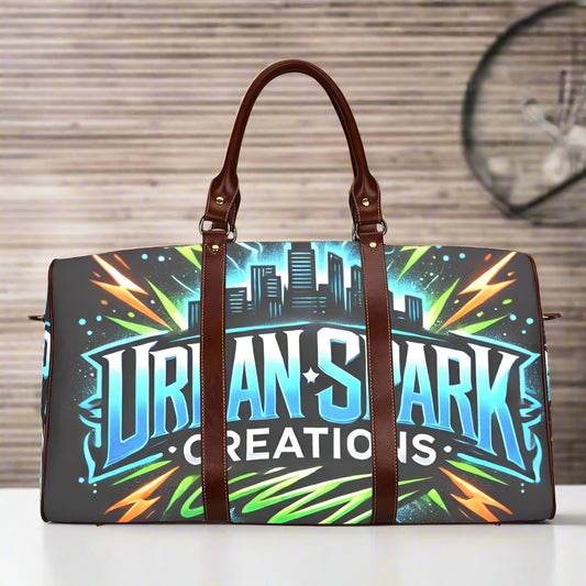 Urban Spark Creations duffel bag with city skyline, electric blue and neon green graphic, and brown leather straps