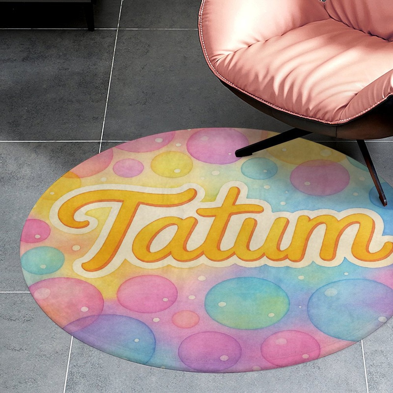 Round coral fleece rug with pastel bubble background and personalized child’s name in playful script, inspired by Tatum’s Love Bundle.
