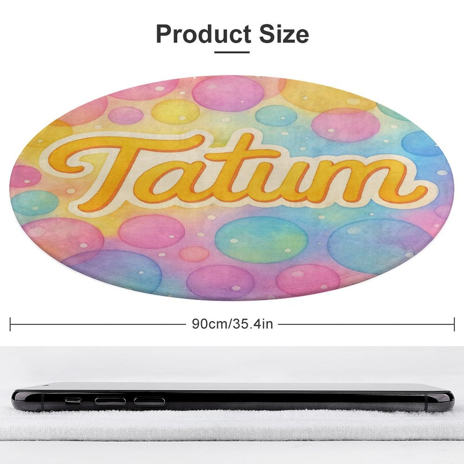 Round coral fleece rug with pastel bubble background and personalized child’s name in playful script, inspired by Tatum’s Love Bundle.