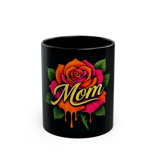 Bold Rose MOM Mug – Black Ceramic with Tattoo-Inspired Art | 11oz or 15oz