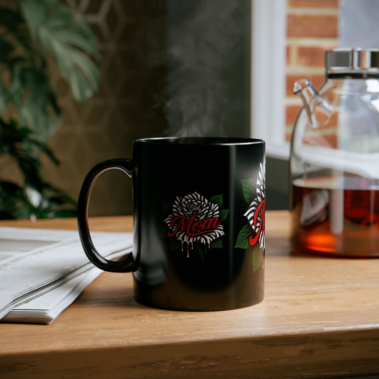 Zebra Rose MOM Mug – Black Ceramic with Drip Ink Tattoo Art | 11oz or 15oz