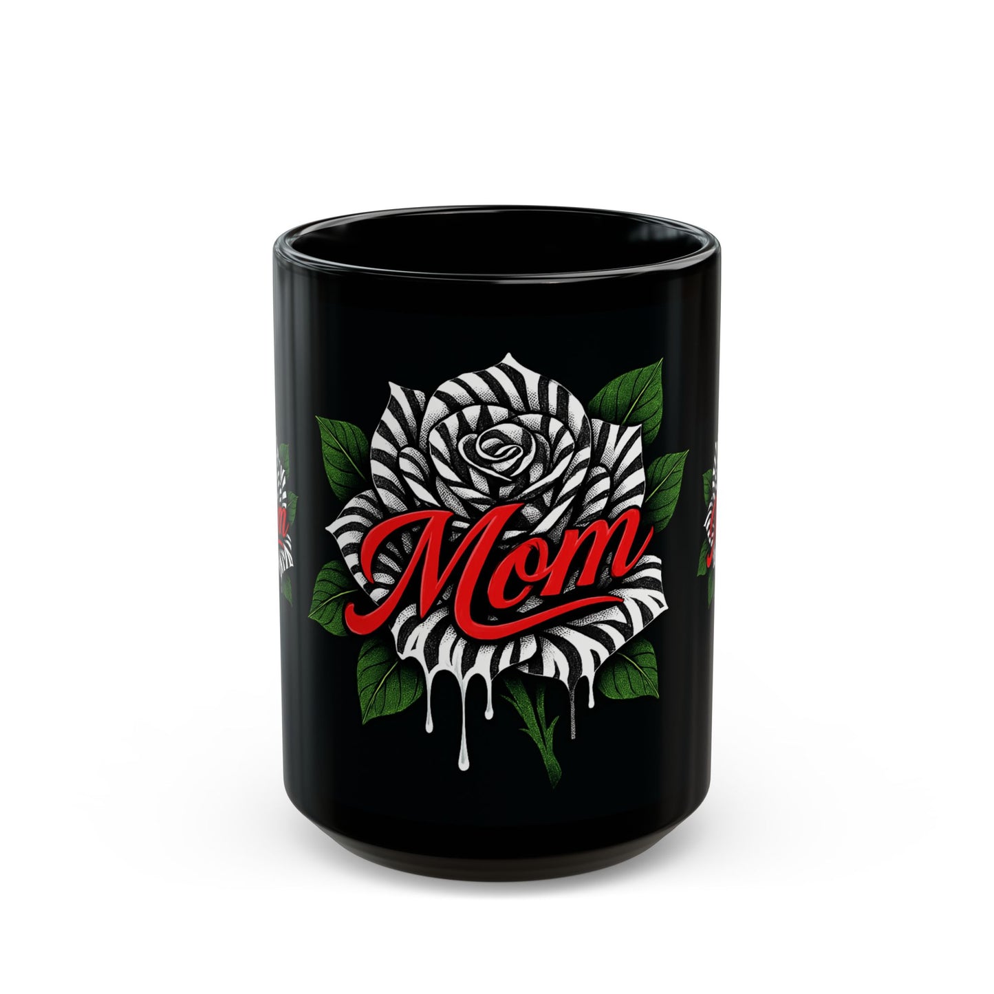 Zebra Rose MOM Mug – Black Ceramic with Drip Ink Tattoo Art | 11oz or 15oz
