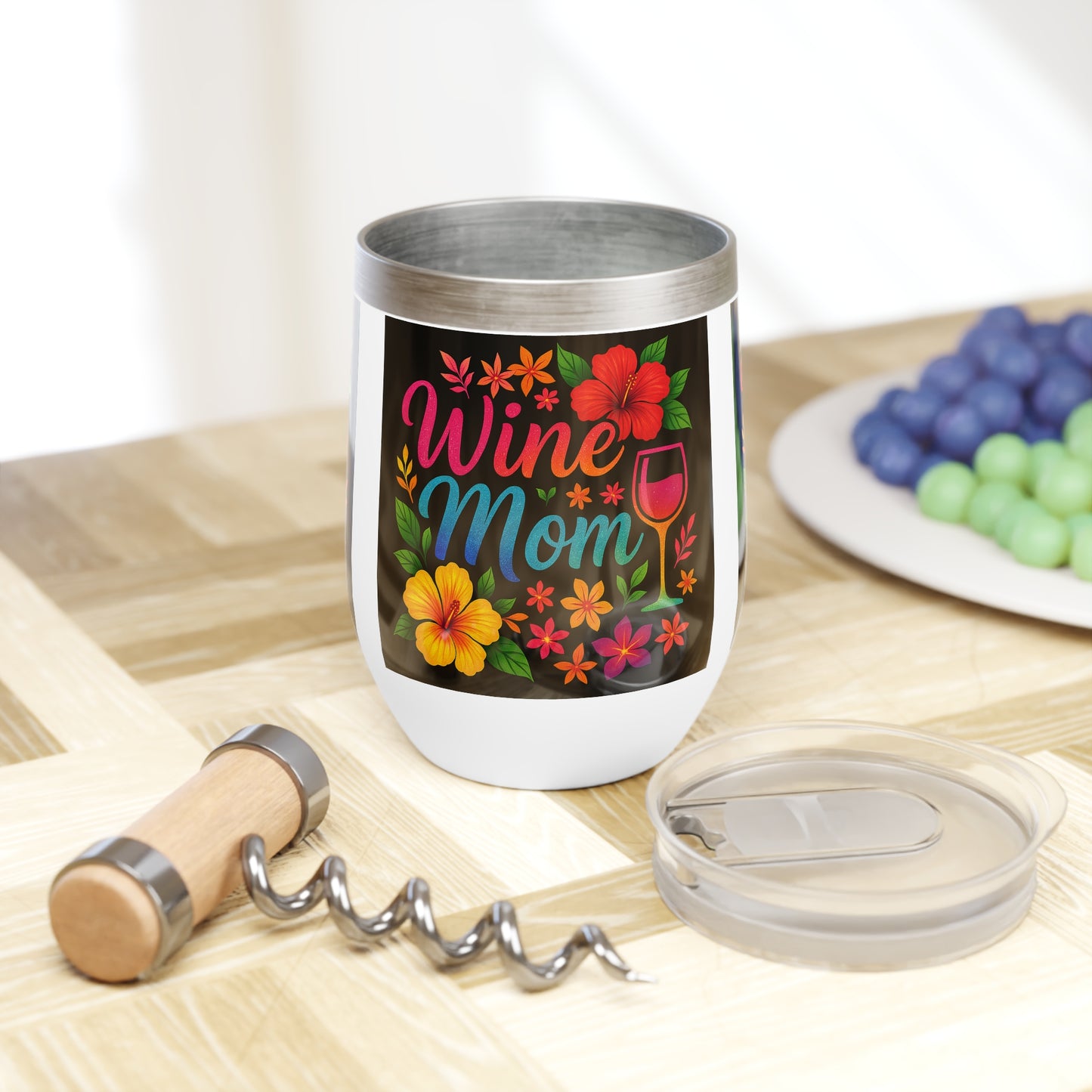 Wine Mom Tumbler – 12oz Stainless Steel with Lid | Tropical Hibiscus Design