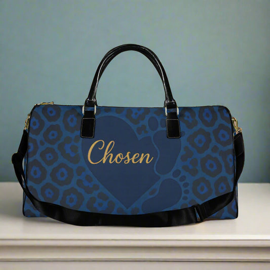 Chosen personalized large travel bag with blue leopard print and gold lettering, durable nylon with leather handles and shoulder strap