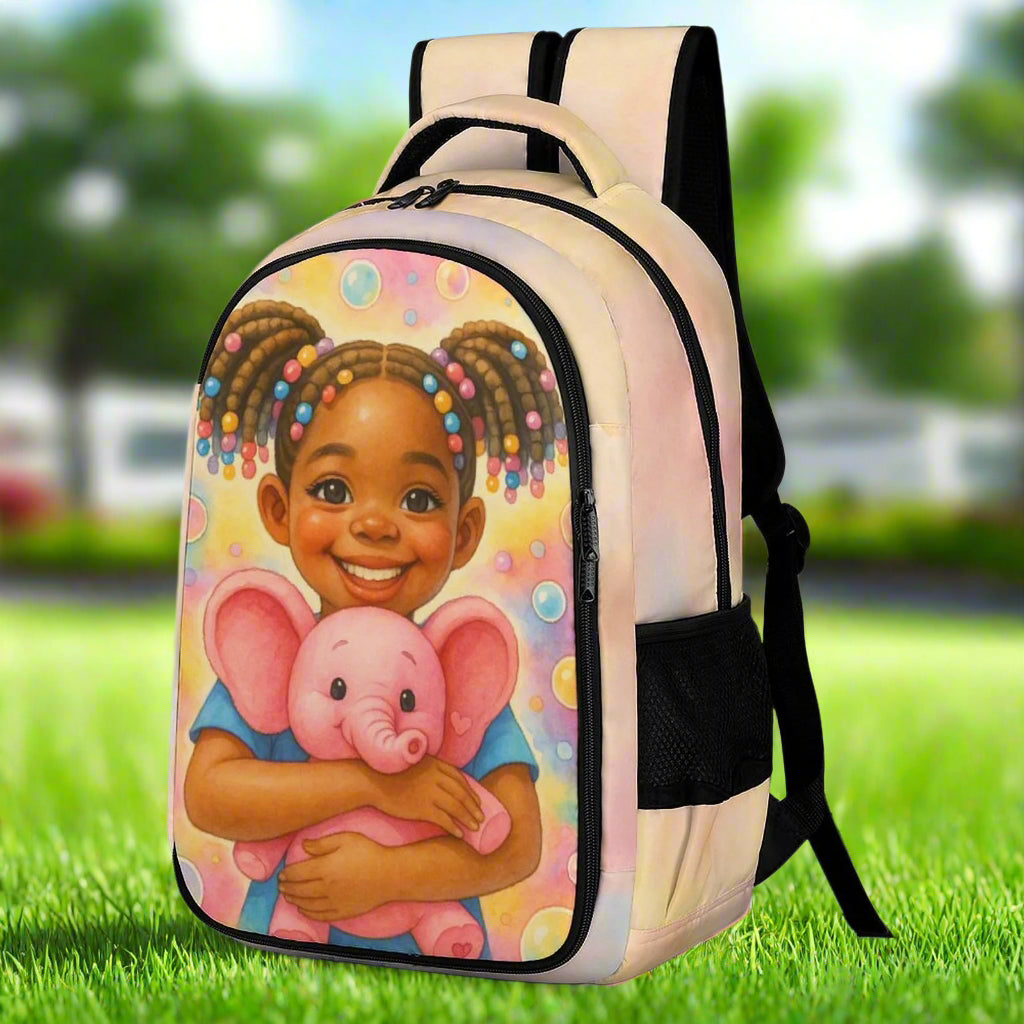 Tatum Love Bundle backpack featuring smiling African American girl hugging a pink elephant plush on colorful pastel background