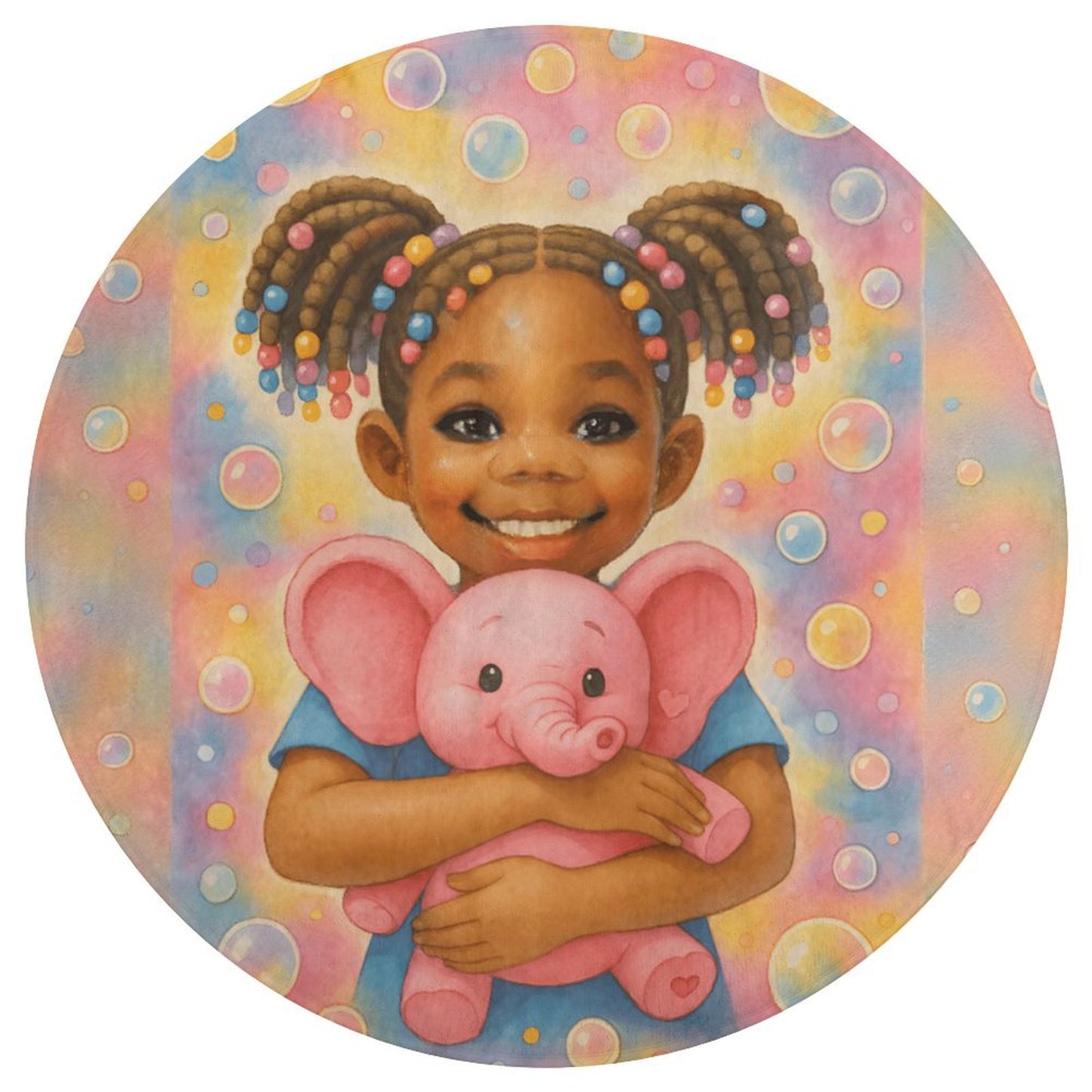 Round coral fleece rug featuring smiling African American girl with pigtails and a pink elephant on a soft pastel bubble background.