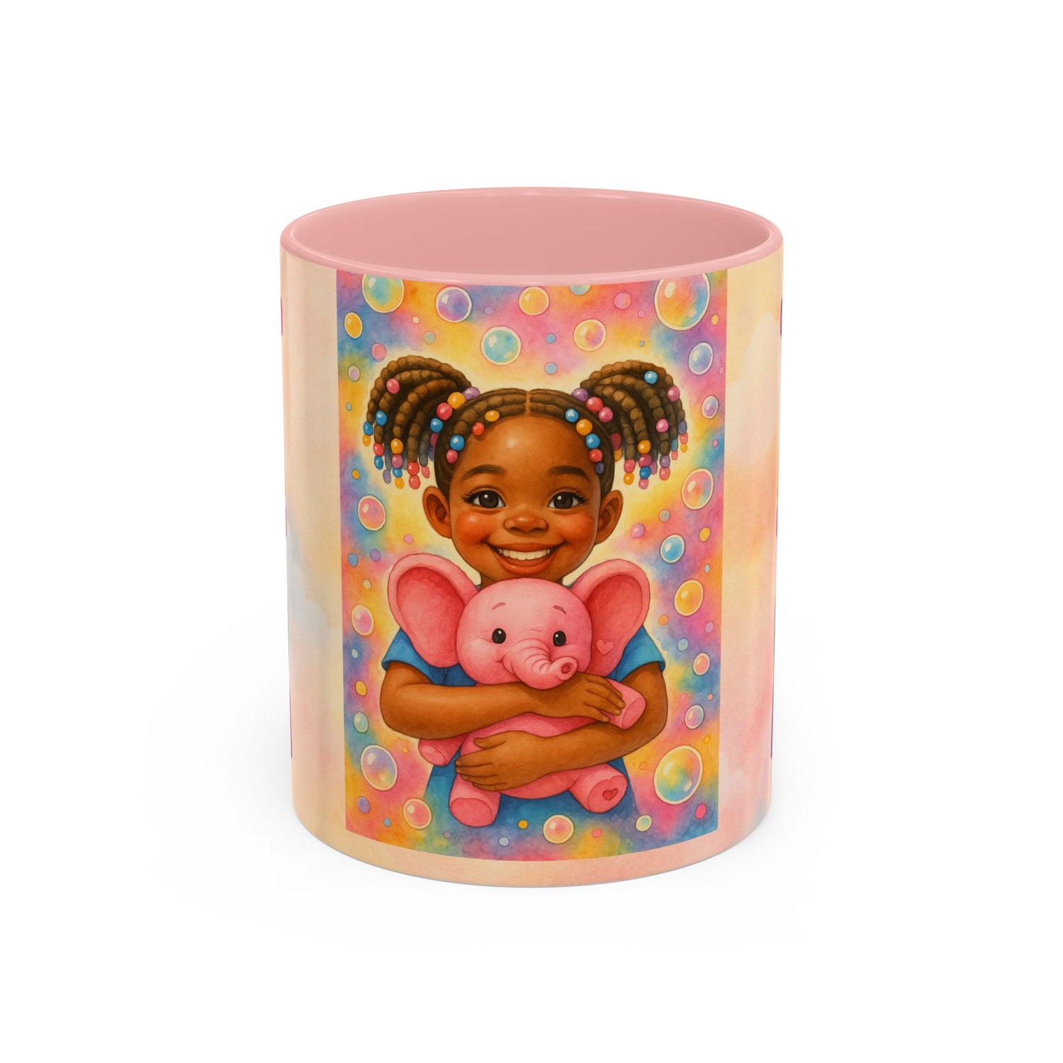 Pastel kids ceramic mug featuring smiling African American girl with pigtails and a pink elephant, with colorful Tatum name design on reverse. Pink