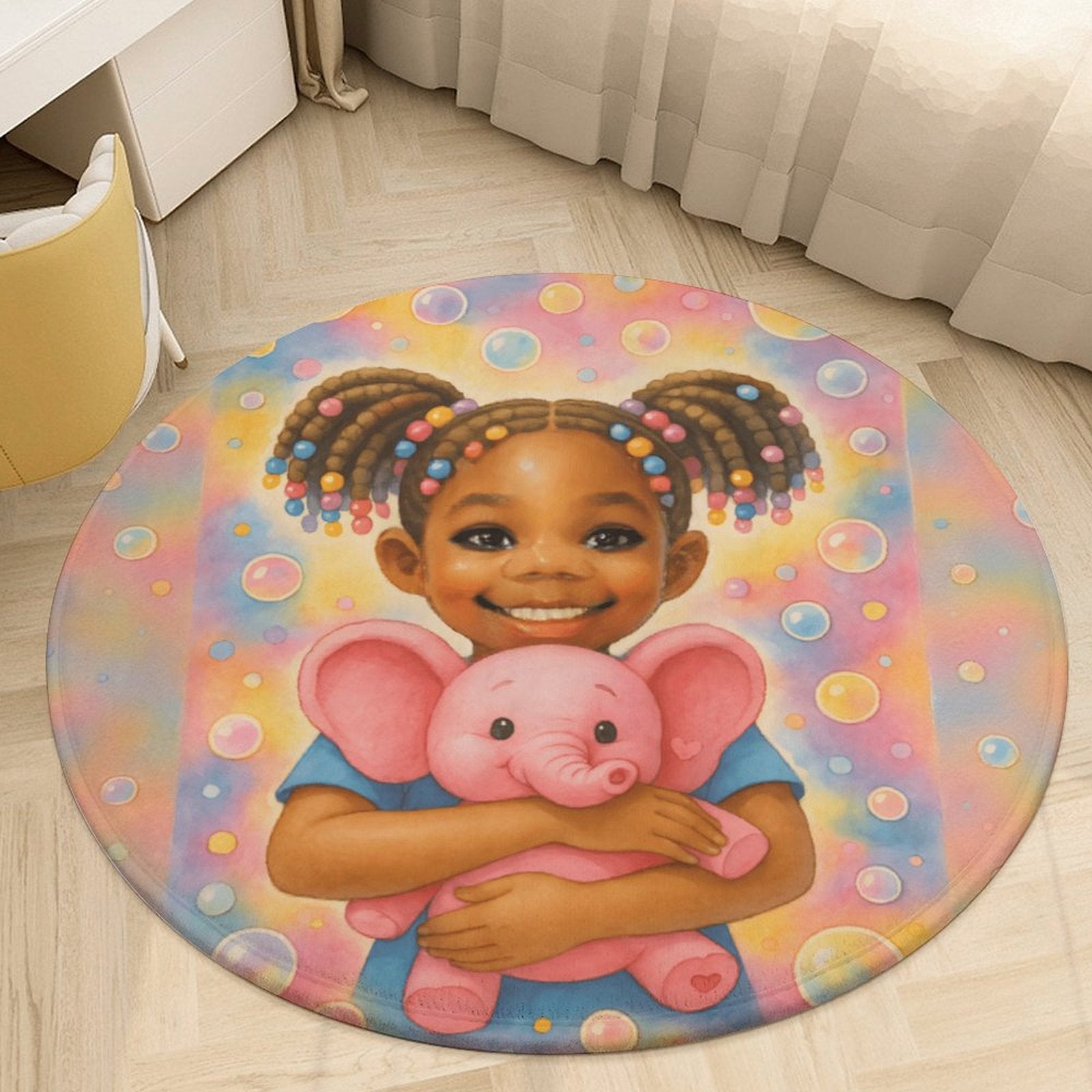 Round coral fleece rug featuring smiling African American girl with pigtails and a pink elephant on a soft pastel bubble background.