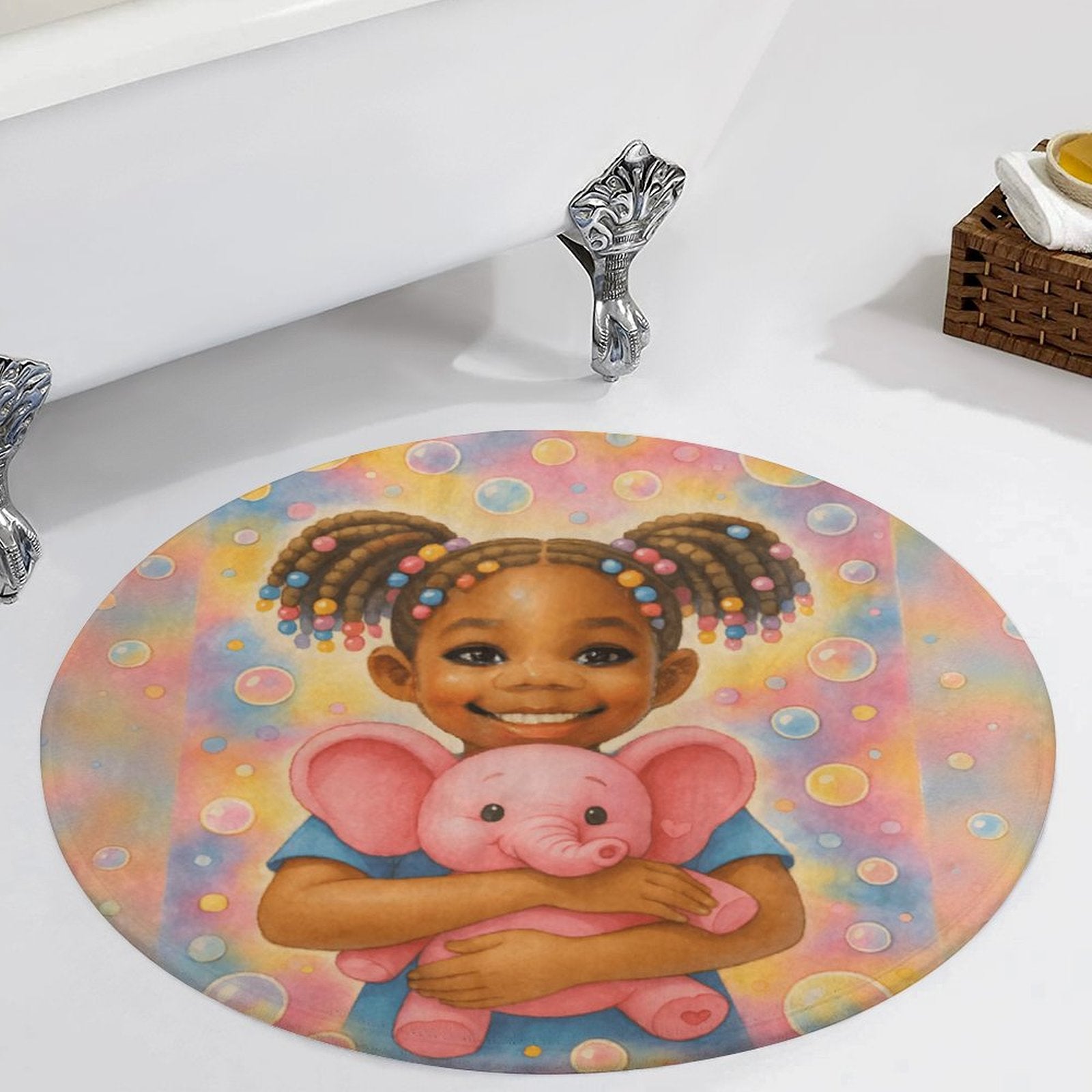Round coral fleece rug featuring smiling African American girl with pigtails and a pink elephant on a soft pastel bubble background. My mommy lives in heaven